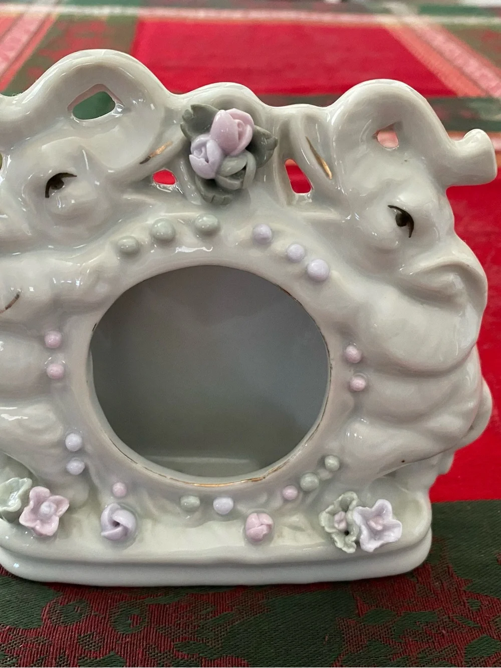 Vintage Loving Elephants White Ceramic Photo Frame with Pink Accent Flowers 5”